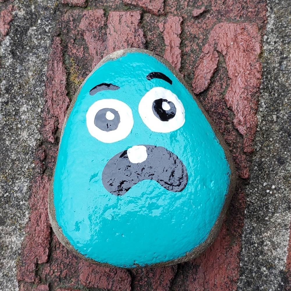 Original Cute Hand-Painted Teal Surprised Monster Face Rock By Mattoodles